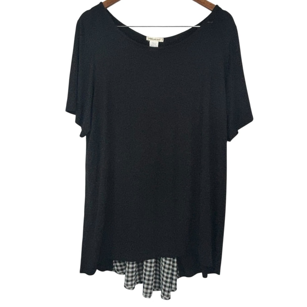 Pebble & Stone Black Short Sleeve Black & White Check Plaid Back Panel Top 3X